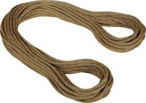 An image of a brownish/greenish climbing rope in a coil. This is the 9.9-millimeter Mammut Workhorse gym climbing rope, one of serveral included in this climbing rope buying guide.