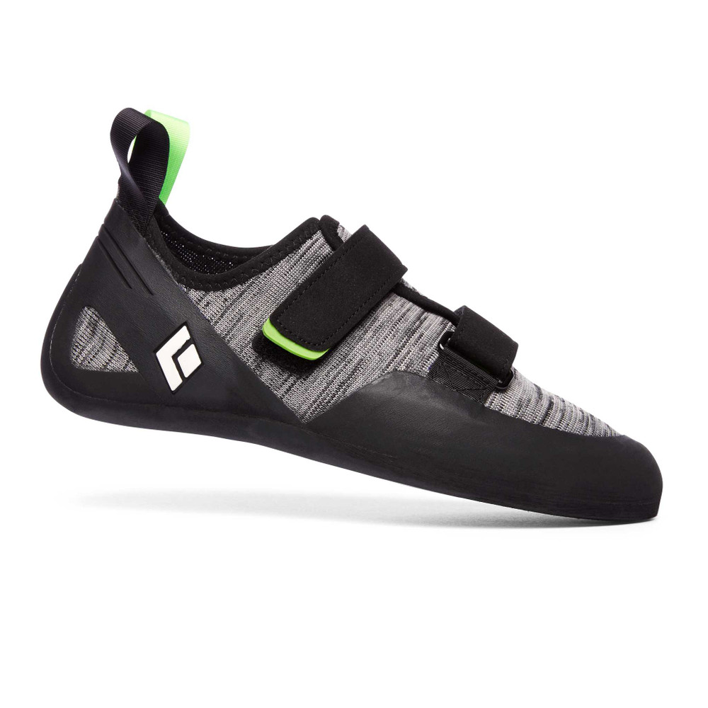 A side view product photo of a single Black Diamond Momentum rock climbing shoe. This shoe has a modern look to it, with what appears to be a flexible, knit body construction. The shoe uses a double Velcro closure system. The coloring is light grey, with black rubber and lime green accents.