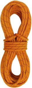 An orange climbing rope, coiled. The Sterling Slim Gym Climbing Rope is ideal for indoor rock climbing, lead climbing, and top-rope climbing on short walls. 